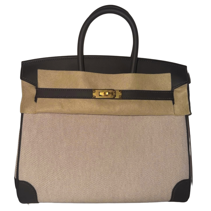 Hermès Birkin 25 Ecru and Beige Canvas Toile H and Bai-Brun Gold HW